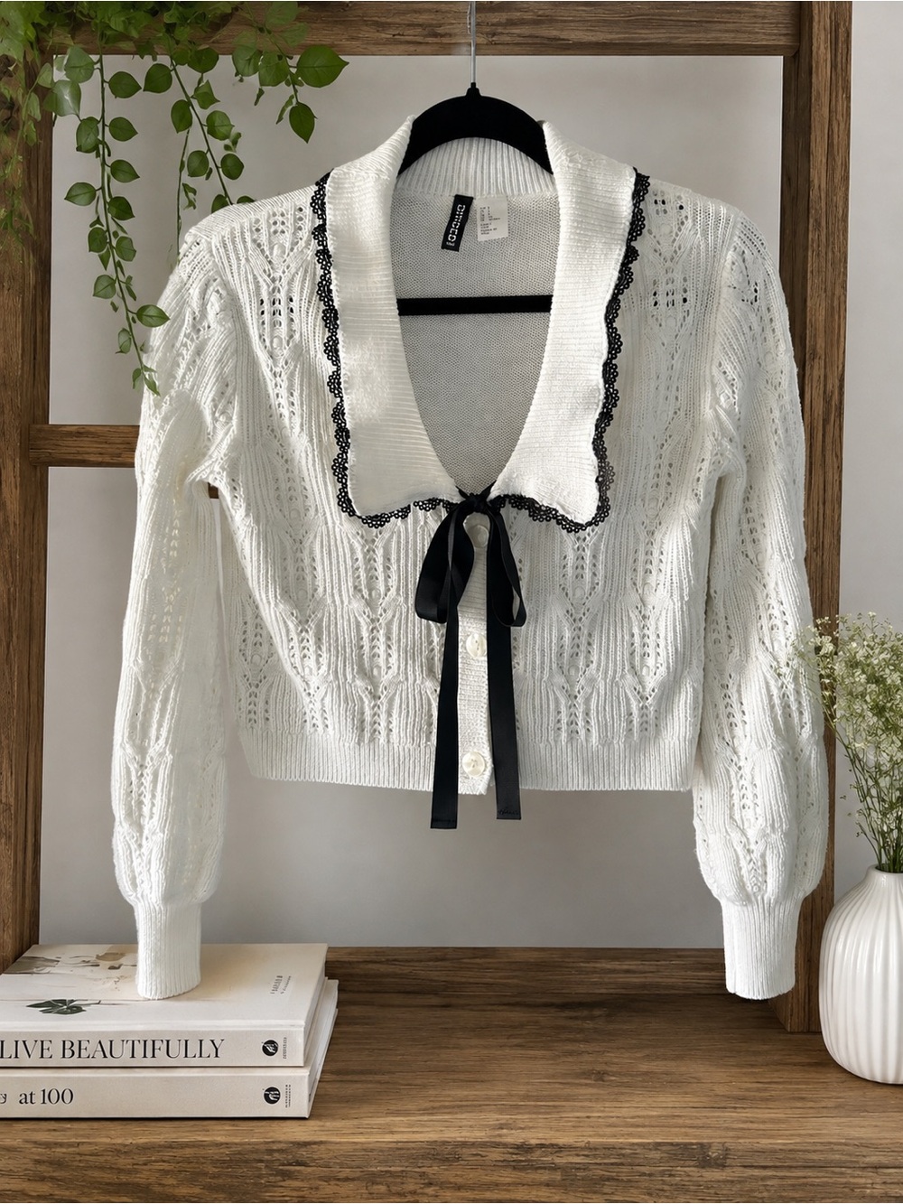 H&M Divided Coquette Pointelle Cardigan Small Sailor Collar Black Bow